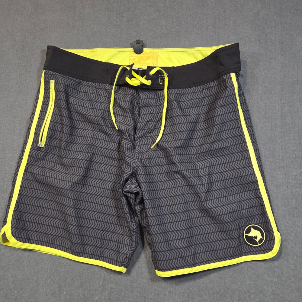 Pelagic Board Shorts Mens 38 Grey Neon Yellow Chevron Fishing Swim Trunks